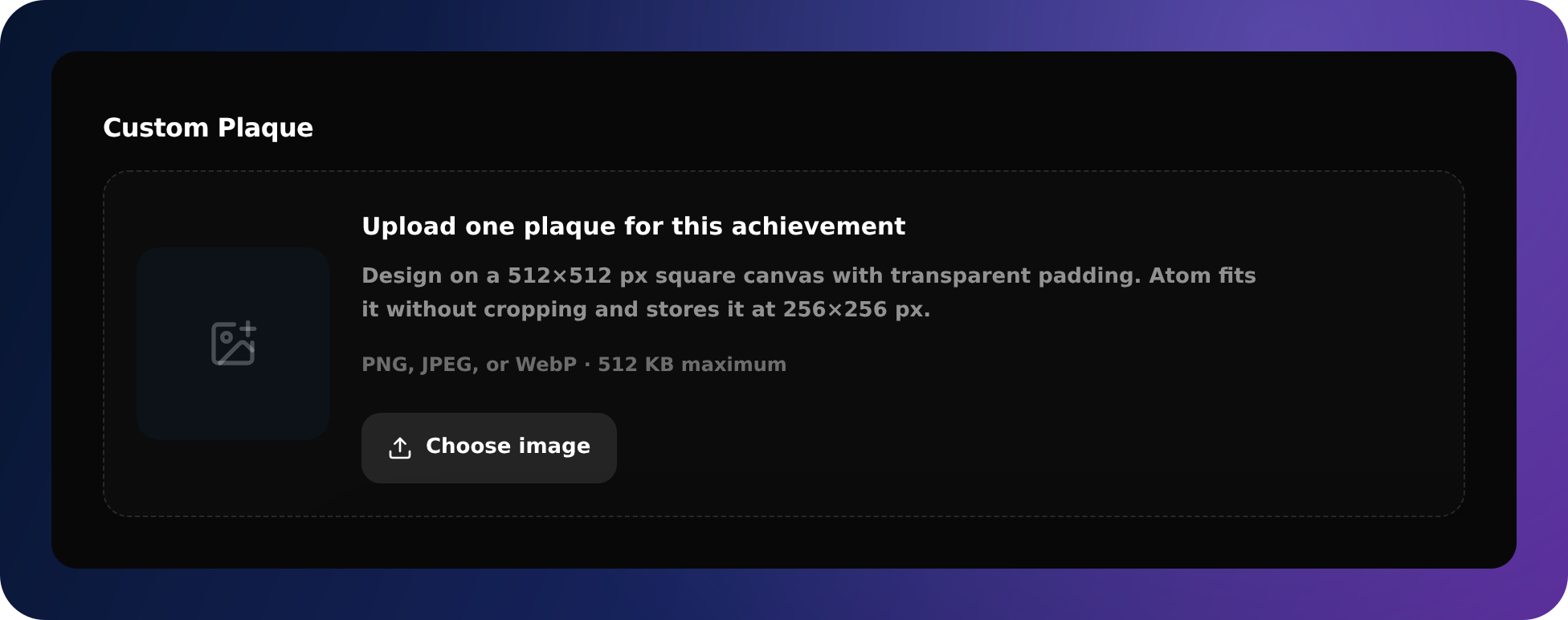 Atom custom plaque uploader with image format, size, and transparent-padding guidance.