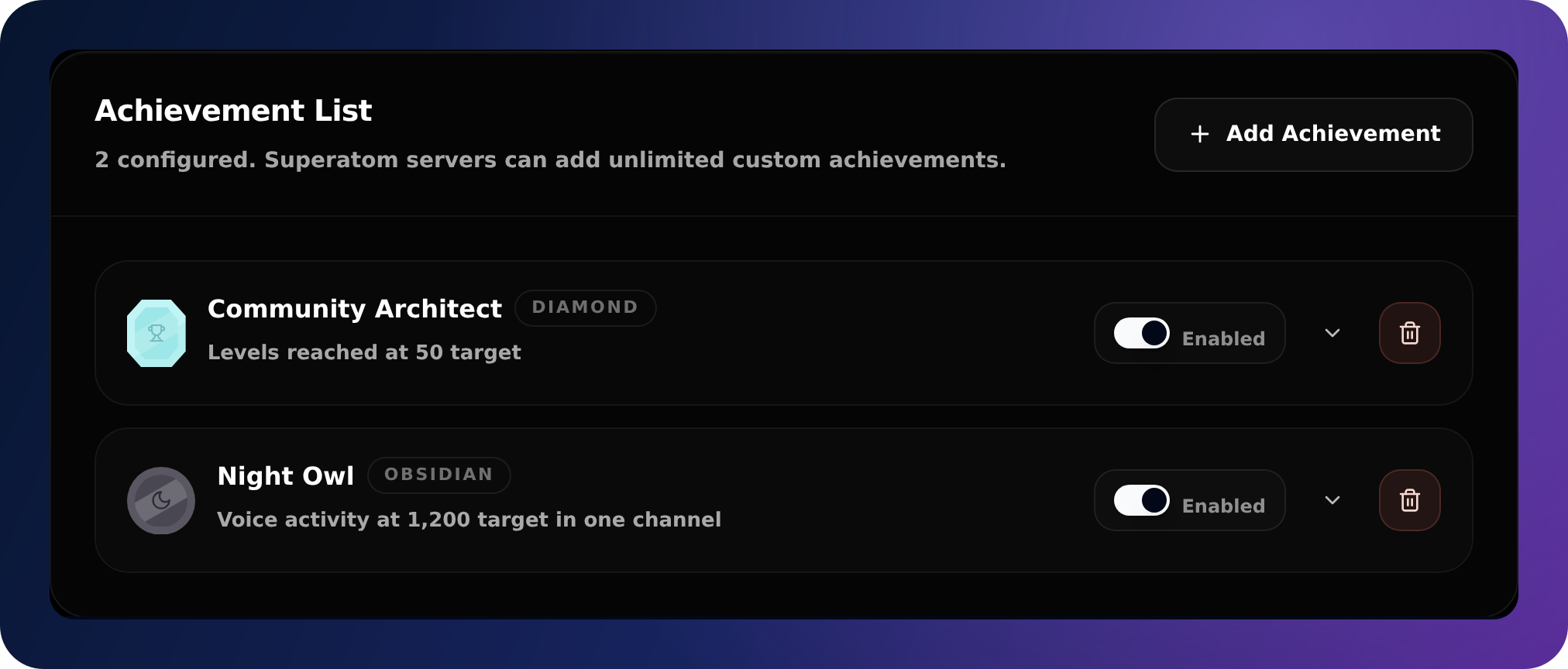 Atom Achievements dashboard with a configured announcement, Diamond and Obsidian achievement entries, and the Add Achievement action.