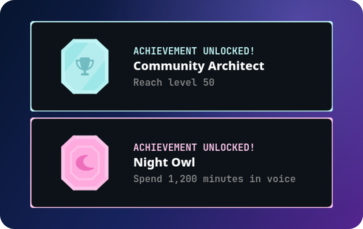 Two large Atom achievement cards showing Diamond and Pearl plaque designs on a dark blue-to-purple background.