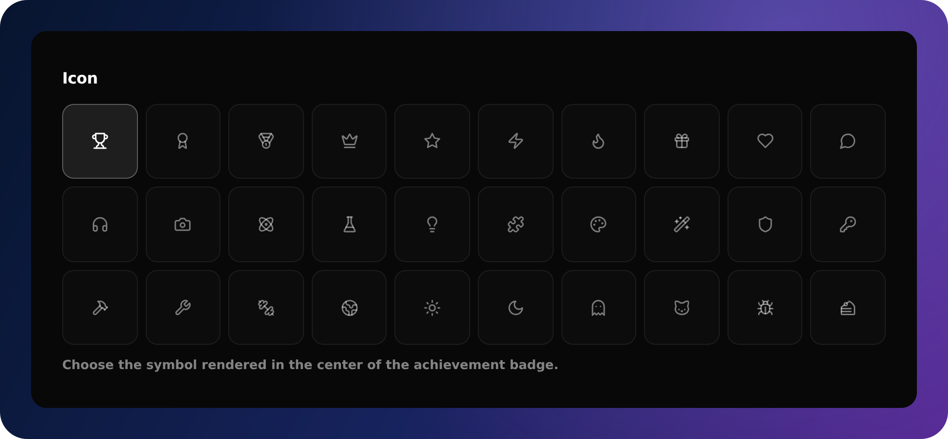 Atom achievement icon selector showing the available icon library.