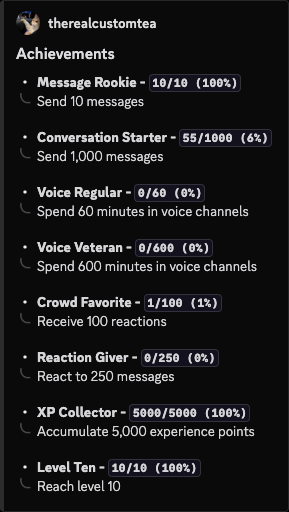 Discord achievements response for therealcustomtea showing eight completed and in-progress milestones with their targets.