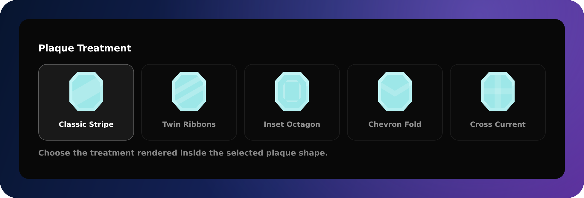 Atom achievement plaque treatment selector showing Classic Stripe, Twin Ribbons, Inset Octagon, Chevron Fold, and Cross Current.